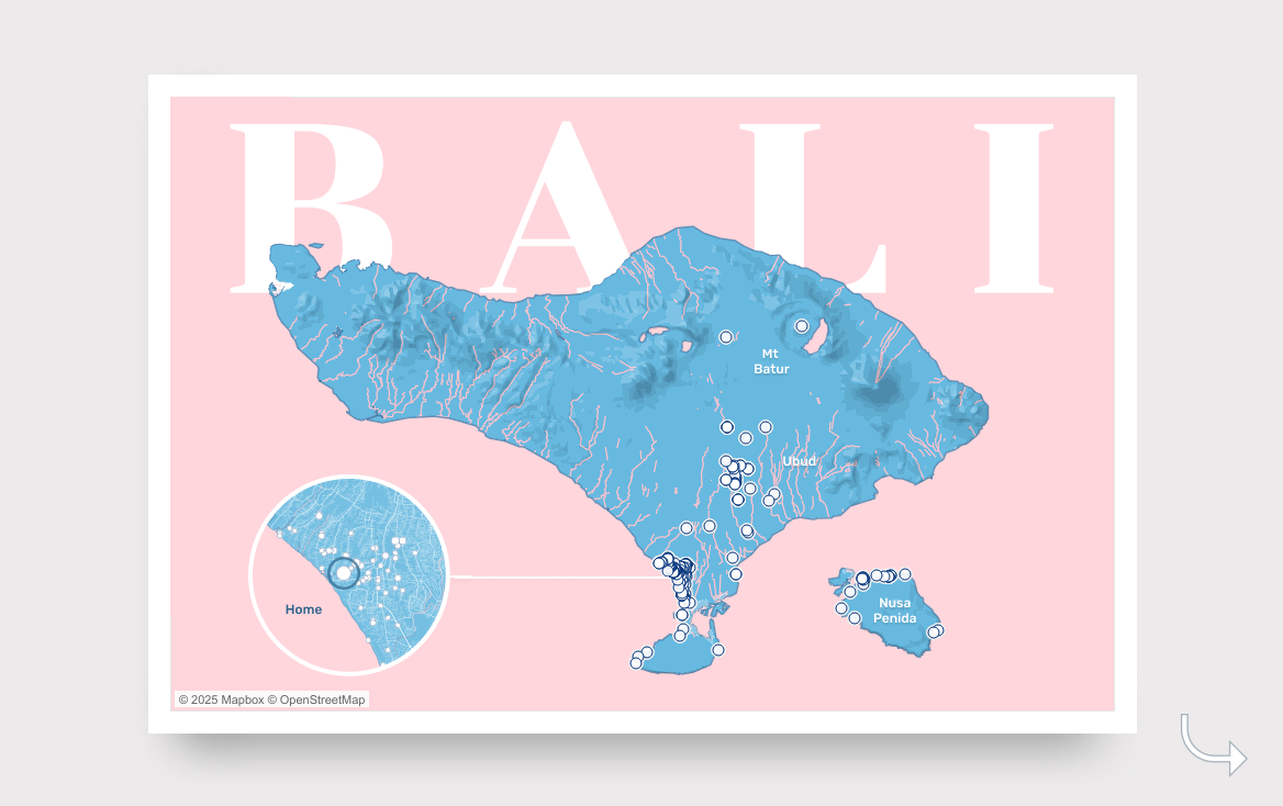 A blue map of the island of Bali swimming in a pink ocean. On the blue, white dots mark locations but the map is unclear about what these locations might be